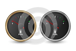 Vector 3d Realistic Golden, Silver Circle Gas Fuel Tank Gauge, Black Dial, Oil Level Bar Set Isolated on White