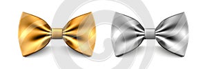 Vector 3D Realistic Golden and Silver Color Bow Tie Set Isolated. Silk Glossy Bowtie, Tie Gentleman. Mockup, Design