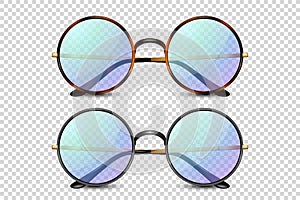 Vector 3d Realistic Leopard, Black Round Frame Glasses Set with Blue, Purple Transparent Glass Isolated, Eyeglasses for