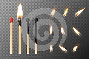 Vector 3d realistic match stick and different flame icon set, closeup isolated on transparency grid background. Whole