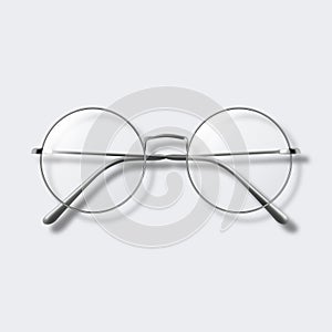 Vector 3d Realistic Metal Round Frame Glasses. Gray Silver, Steel Color Fram. Colorless Transparent Sunglasses for Women