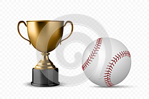 Vector 3d Realistic Metal Yellow Golden Champion Cup and Baseball Set, Isolated. Championship Trophy Design Template for