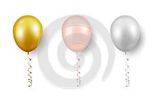 Vector 3d Realistic Metallic Golden, Pink, White Balloon with Ribbon Set Closeup Isolated on White Background. Design