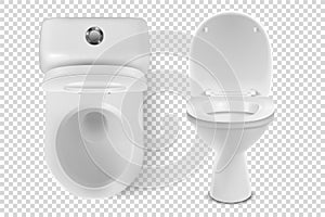 Vector 3d Realistic Opened White Ceramic Toilet Icon Set Closeup Isolated on Transparent Background. Toilet Bowl with