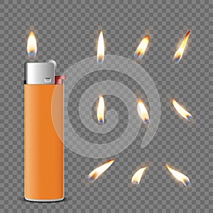 Vector 3d Realistic Orange Blank Cigarette Lighter Icon Closeup  on Transparent Background with Flame Set