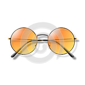 Vector 3d Realistic Orange Round Frame Glasses Isolated. Sunglasses, Lens, Vintage Eyeglasses in Top View. Design