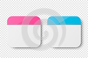 Vector 3d Realistic Paper Classic Simple Minimalistic Blue and Pink Calendar Icon Set Closeup Isolated on White