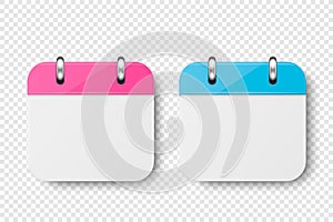 Vector 3d Realistic Paper Classic Simple Minimalistic Blue and Pink Calendar Icon Set Closeup Isolated on White