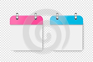 Vector 3d Realistic Paper Classic Simple Minimalistic Blue and Pink Calendar Icon Set Closeup Isolated on White