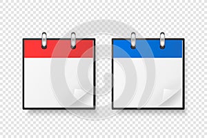 Vector 3d Realistic Paper Classic Simple Minimalistic Red and Blue Calendar Icon Set Closeup Isolated on White