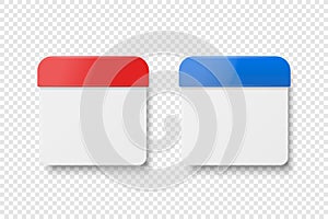 Vector 3d Realistic Paper Classic Simple Minimalistic Red and Blue Calendar Icon Set Closeup Isolated on White