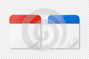 Vector 3d Realistic Paper Classic Simple Minimalistic Red and Blue Calendar Icon Set Closeup Isolated on White