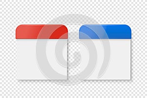 Vector 3d Realistic Paper Classic Simple Minimalistic Red and Blue Calendar Icon Set Closeup Isolated on White