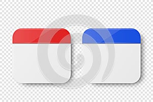 Vector 3d Realistic Paper Classic Simple Minimalistic Red and Blue Calendar Icon Set Closeup Isolated on White