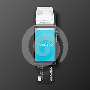 Vector 3d Realistic Payment Machine, Receipt, Plastic Credit Card. POS Terminal, Paper Receipt, Payment Card. Design