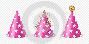 Vector 3d Realistic Pink and White Birthday Party Hat Icon Set Isolated. Party Cap Design Template for Party Banner