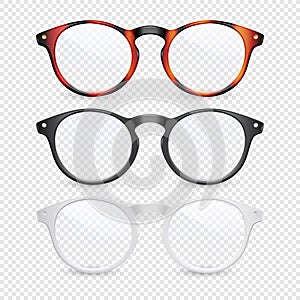 Vector 3d Realistic Plastic Brown Leopard, Black, White Rimmed Eye Glasses Closeup Isolated on Transparent Background