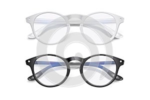 Vector 3d Realistic Plastic Round White, Black Rimmed Eye Glasses Set Closeup Isolated on White Background. Women, Men