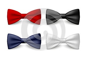 Vector 3D Realistic Red, Black, Blue, White Bow Tie Set Isolated. Silk Glossy Bowtie, Tie Gentleman. Mockup, Design