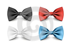 Vector 3D Realistic Red, Black, Blue, White Bow Tie Set Isolated. Silk Glossy Bowtie, Tie Gentleman. Mockup, Design