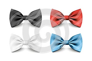 Vector 3D Realistic Red, Black, Blue, White Bow Tie Set Isolated. Silk Glossy Bowtie, Tie Gentleman. Mockup, Design