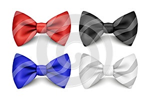 Vector 3D Realistic Red, Black, Blue, White Striped Bow Tie Set Isolated. Silk Glossy Bowtie, Tie Gentleman. Mockup