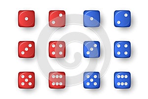 Vector 3d Realistic Red and Blue Game Dice Icon Set Closeup Isolated on White Background. Game Cubes for Gambling