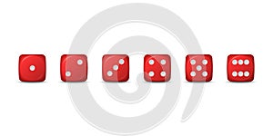 Vector 3d Realistic Red Game Dice Icon Set Closeup Isolated. Game Cubes for Gambling, Casino Dices From One to Six Dots