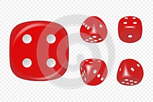 Vector 3d Realistic Red Game Dice with White Dots Set in Different Positions Isolated. Gambling Games Design, Casino