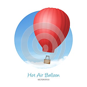 Vector 3d Realistic Red Hot Air Balloon on Blue Sky Background. Design Template for Branding. Blank Aerostat for Summer