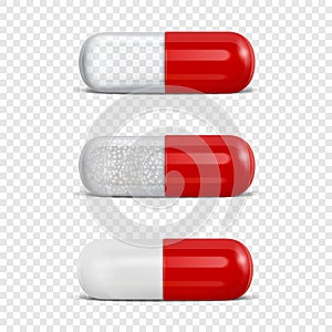 Vector 3d Realistic Red Medical Pill Icon Set Closeup Isolated on Transparency Grid Background. Design Template of Pills