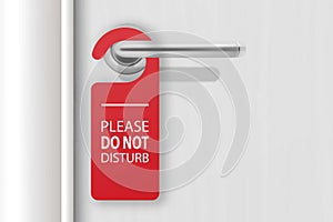 Vector 3d Realistic Red Paper Door Hanger DO NOT DISTURB on White Wooden Door with Metal Silver Handle Background. Door