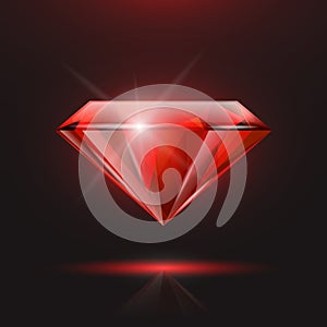 Vector 3d Realistic Red Transparent Triangle Glowing Gemstone, Diamond, Crystal, Rhinestone Closeup on Black Background