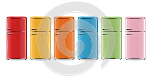 Vector 3d Realistic Red, Yellow, Orange, Blue, Green, Pink Fridge Icon Set Isolated. Vertical Refrigerators. Closed