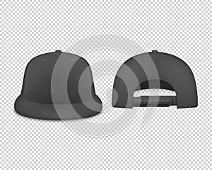 Vector 3d Realistic Render Black Blank Baseball Snapback Cap Icon Set Closeup Isolated on Transparent Background. Design