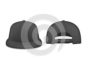 Vector 3d Realistic Render Black Blank Baseball Snapback Cap Icon Set Closeup Isolated on White Background. Design