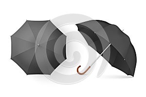 Vector 3d Realistic Render Black Blank Umbrella Icon Set Closeup Isolated on White Background. Design Template of Opened