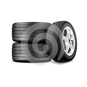 Vector 3d Realistic Render Car Wheel Icon Closeup Isolated on White Background. Design Template of New Tires with Alloy