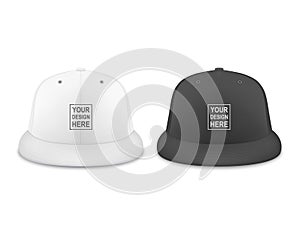 Vector 3d Realistic Render White and Black Blank Baseball Cap Icon Set Closeup Isolated on White Background. Design