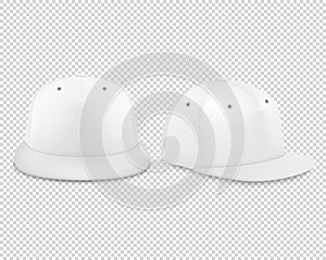 Vector 3d Realistic Render White Blank Baseball Snapback Cap Icon Set Closeup Isolated on Transparent Background. Design