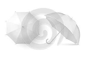 Vector 3d Realistic Render White Blank Umbrella Icon Set Closeup Isolated on White Background. Design Template of Opened