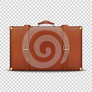 Vector 3d Realistic Retro Leather Brown Threadbare Suitcase With Metal Corners, Belts and Handle Icon Closeup Isolated