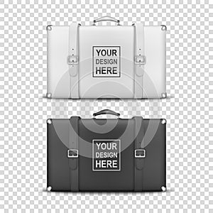 Vector 3d Realistic Retro Leather White and Black Threadbare Suitcase With Belts Icon Set Closeup Isolated on
