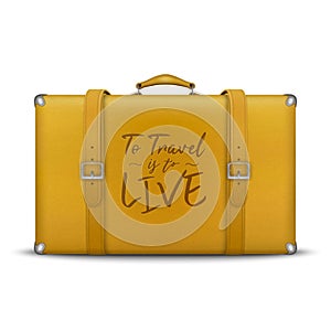 Vector 3d Realistic Retro Leather Yellow Threadbare Suitcase and Travel Stickers, Metal Corners, Belts Closeup Isolated