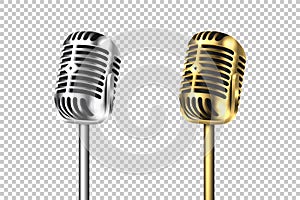 Vector 3d Realistic Retro Steel Metal Silver and Gold Concert Vocal Microphone Set Closeup Isolated on Transparent