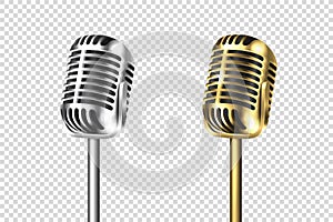 Vector 3d Realistic Retro Steel Silver and Gold Metal Concert Vocal Microphone Set Closeup Isolated on Transparent