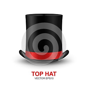 Vector 3d Realistic Retro, Vintage Black Top Hat with Red Ribbon Icon Closeup Isolated on White Background. Design