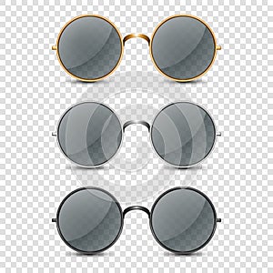 Vector 3d Realistic Round Frame Glasses Set with Black Transparent Glass isolated, Sunglasses for Women and Men