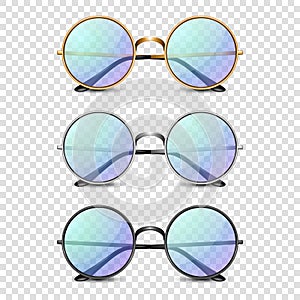 Vector 3d Realistic Round Frame Glasses Set with Blue Glass isolated, Transparent Sunglasses for Women and Men