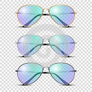 Vector 3d Realistic Round Frame Glasses Set with Blue and Purple Transparent Glass isolated, Transparent Sunglasses for